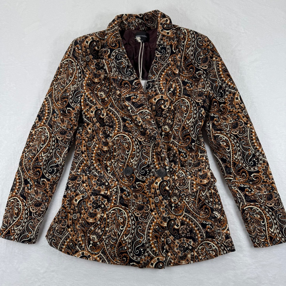 Driftwood Paisley Print Velour Blazer Jacket Womens XS Tan‎ Black Orange Pockets